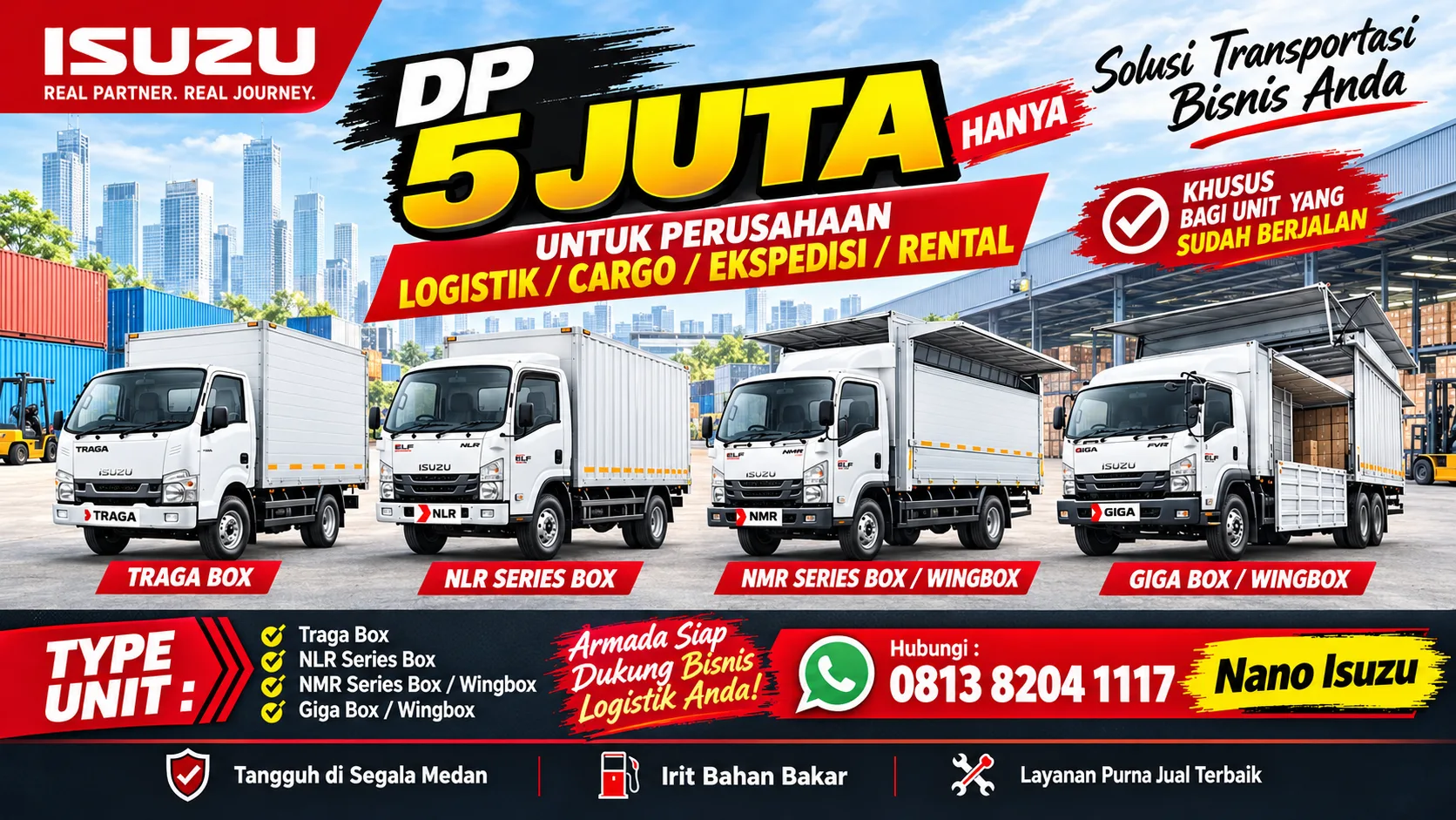 Promo DP 5 juta Isuzu untuk perusahaan logistik, cargo, ekspedisi, dan rental — Traga, NLR, NMR, dan GIGA box/wingbox